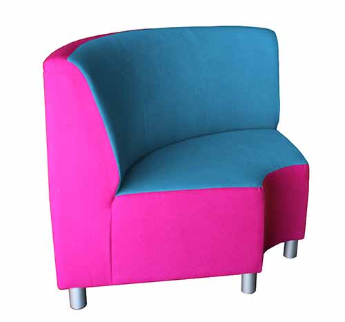 curved library lounge in pink and blue