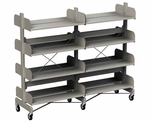 Library Shelving on wheels 2 bay double sided with 4 flat shelves