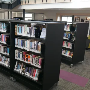 Double sided canopy shelves on shelving unit