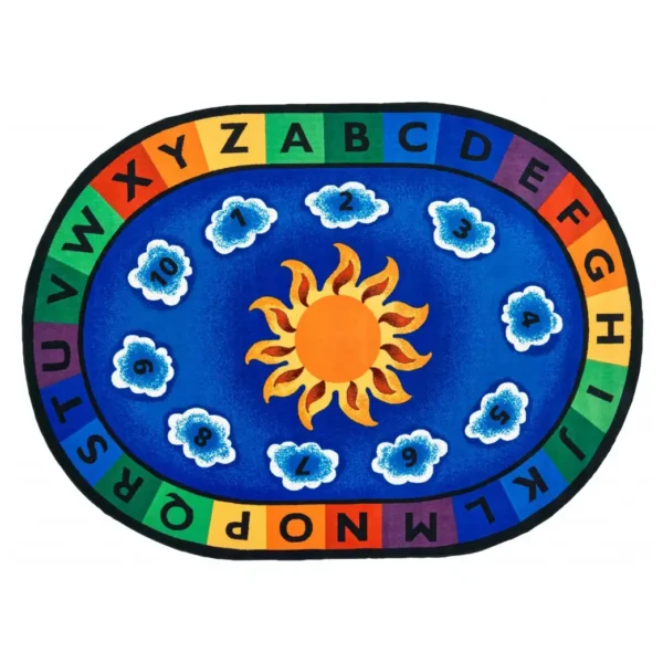 Sunny day colourful bright library classroom seating rug with alphabet and numbers