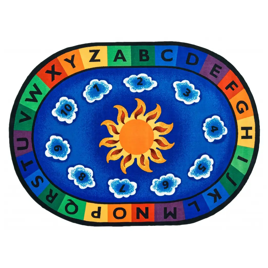 Sunny day colourful bright library classroom seating rug with alphabet and numbers