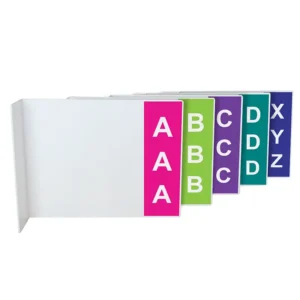 Fiction alphabet stickers for library signage on acrylic collection dividers